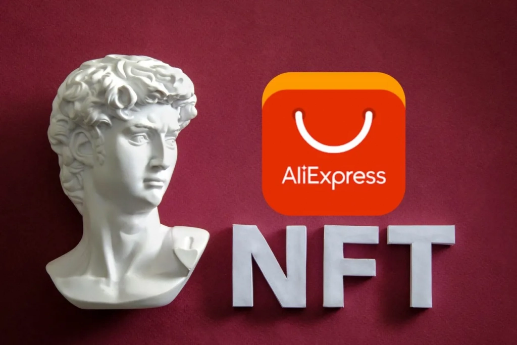 AliExpress logo & NFT written alongside a Roman neckline statue.