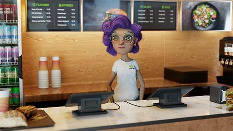 Woman avatar created using NVIDIA ACE working in a fast-food restaurant.