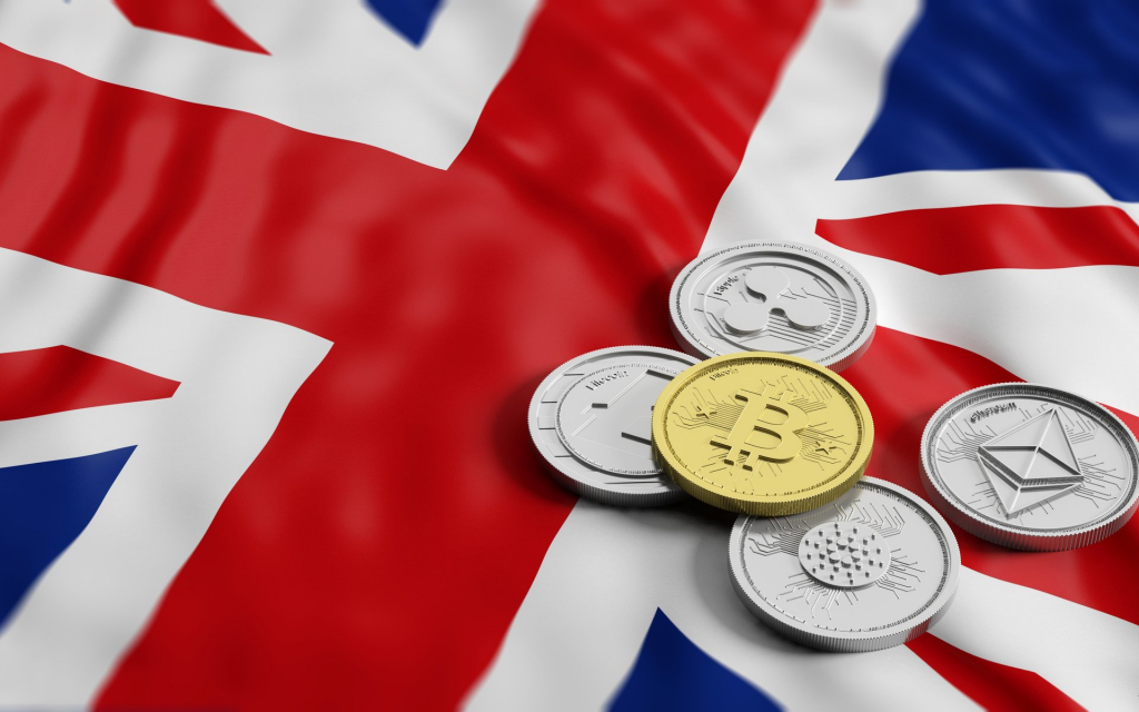 Bitcoin, Ethereum, Litecoin & Ripple on UK flag 