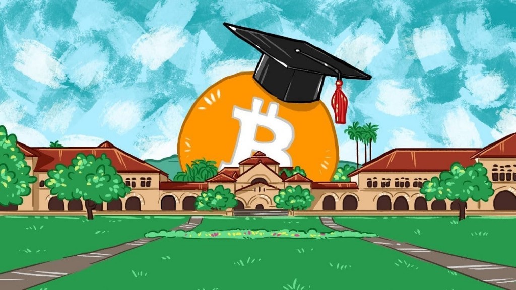 Open Ordinals Institute represented by Bitcoin wearing a graduation cap inside a campus.
