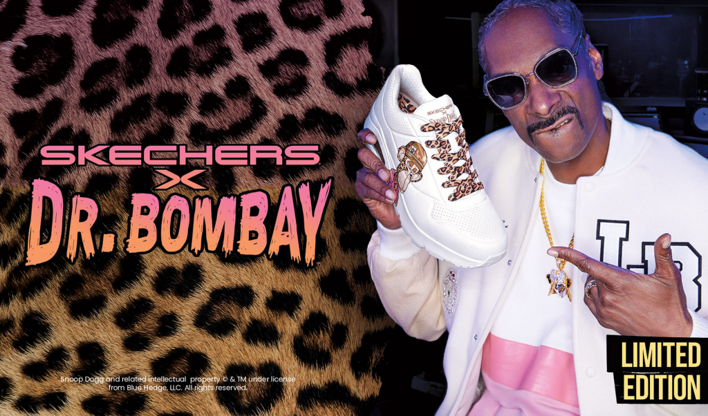 Snoop Dogg holding a Skechers X Dr.Bombay footwear