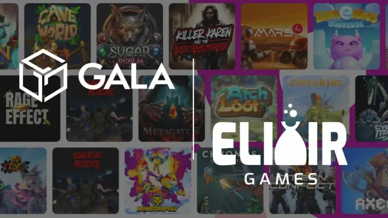Gala Games & Elixir Games logos with game covers in the background