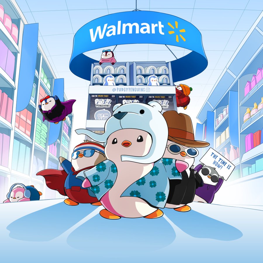 Pudgy Penguins anthropomorphized in a Walmart store
